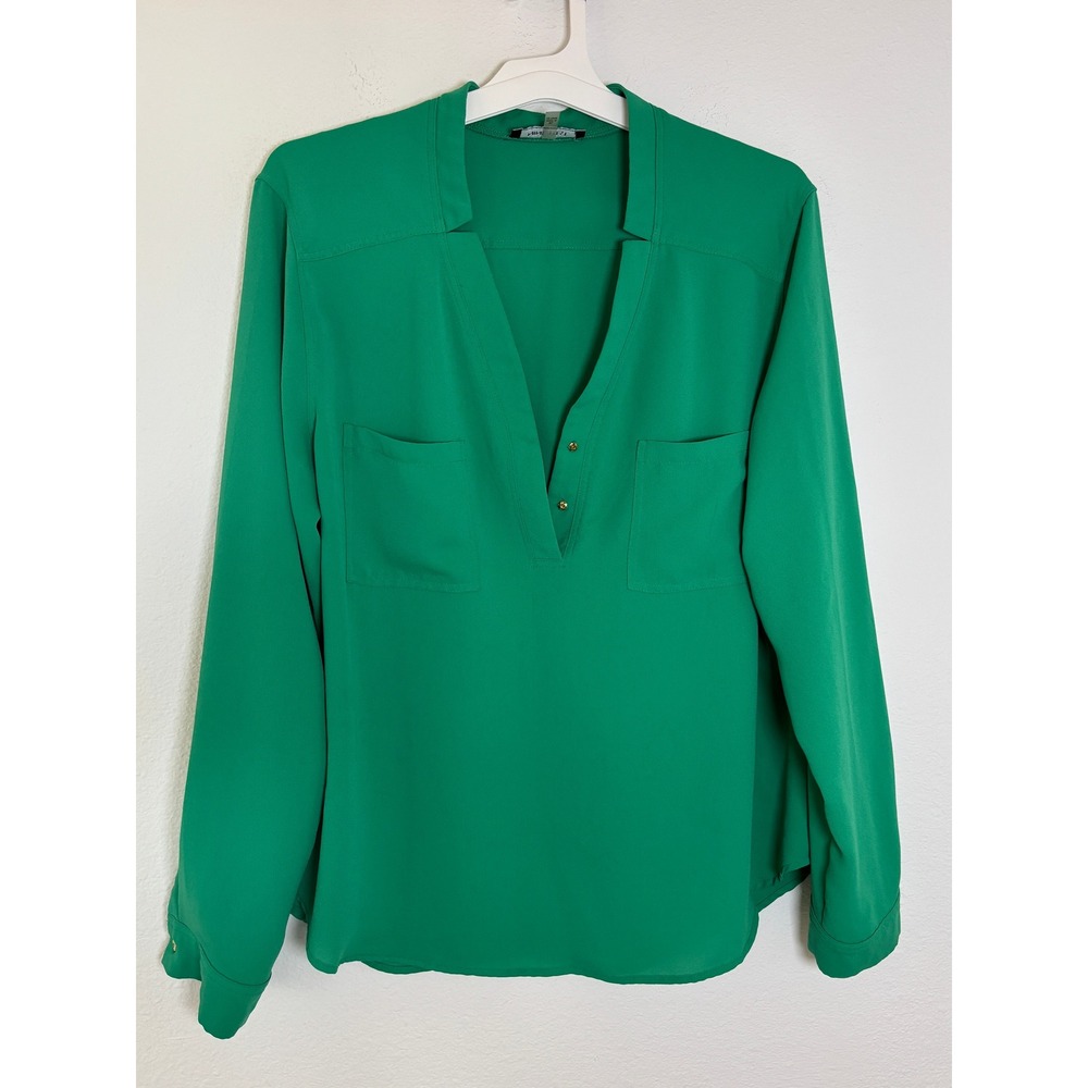 Nine West Womens XL Green Long Sleeve Split V-Neck Button Pocket Blouse Top